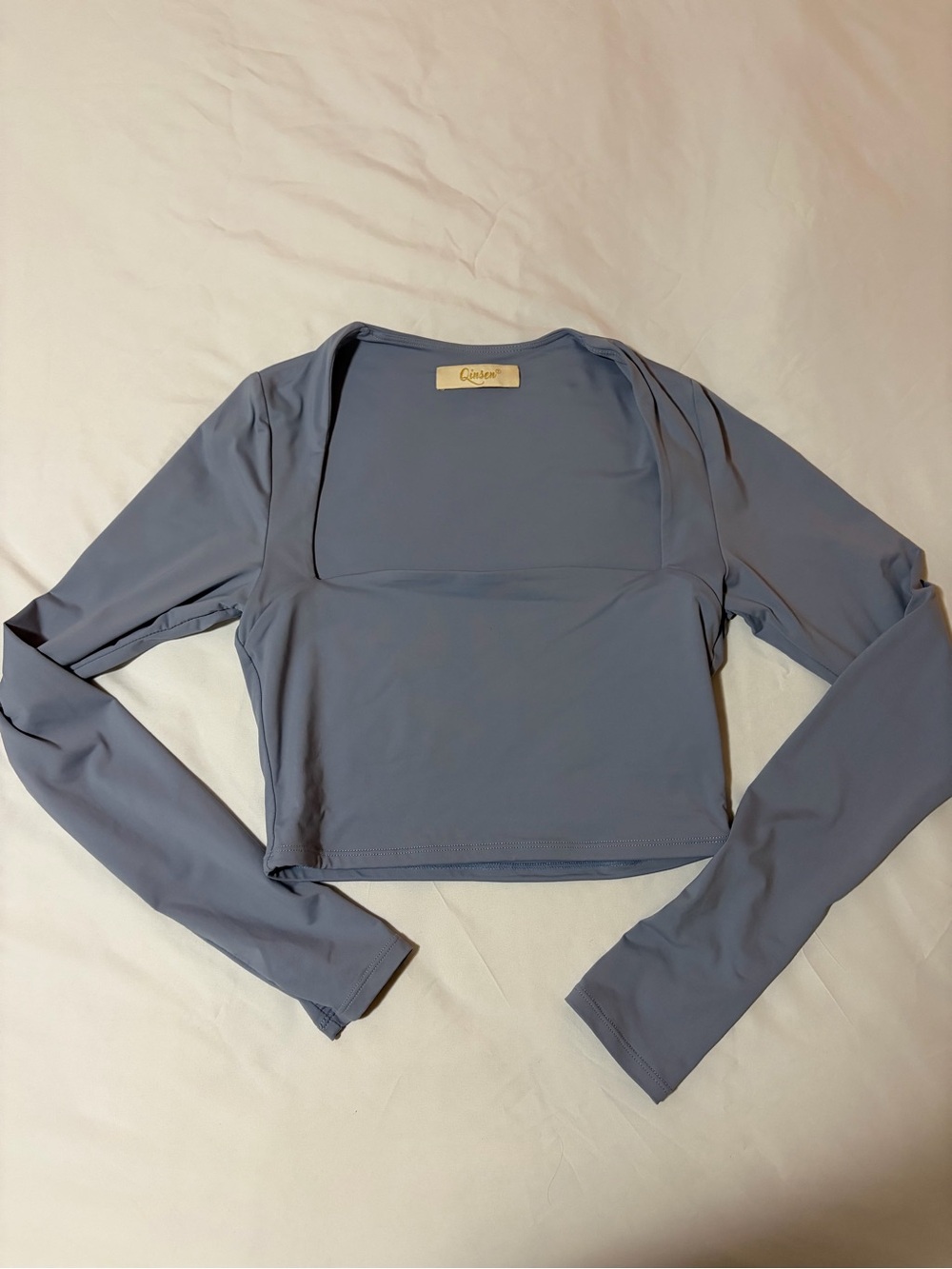 Quince Dusty Blue Square-Neck Long-Sleeve Crop Top